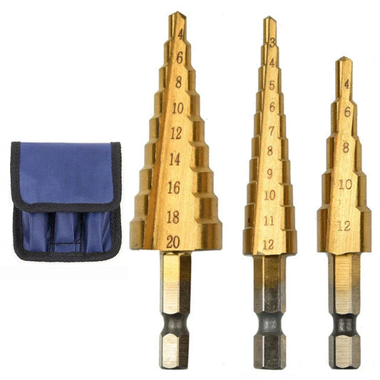 Ti-Plated Hex-Shank Step Drill Bit Set — 3–12mm (0.12–0.47in), 4–12mm (0.16–0.47in), 4–20mm (0.16–0.79in) — 3-Piece