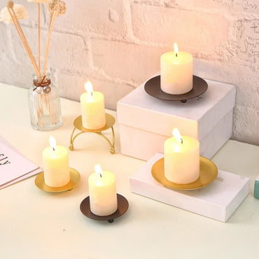 Iron Plate Candle Holder – Decorative Pillar & Votive Candlestick Pedestal, Gold/Black, 2 Sizes (7x7x1.5 cm / 2.8x2.8x0.6 in; 11x11x1.7 cm / 4.3x4.3x0.7 in)