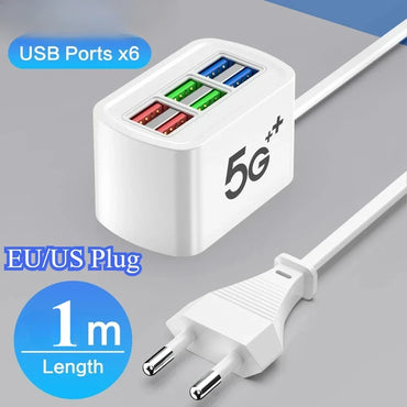 6-Port USB Travel Charger Hub – 120W Fast Charging Power Strip with EU & US Plug, Universal USB AC Adapter
