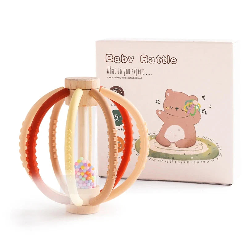 Wooden Rain Drum Baby Rattle Silicone Teether Toy