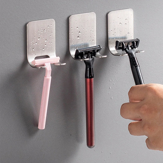 Stainless Steel Self-Adhesive Razor Hook – Wall-Mount Shaver Holder with Double Hooks for Bathroom & Kitchen
