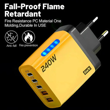 240W 5-Port USB-C PD Fast Charger GaN – Quick Charge 3.0 Adapter (3×Type-C + 2×USB-A)
