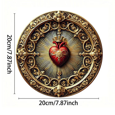 Vintage Sacred Heart Aluminum Wall Art - Golden Red Religious Decor, Home Office Spiritual Art