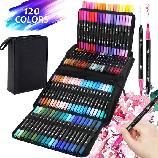 Watercolor Brush Pens Dual-Tip Fineliner Art Marker Set — Available in 12, 24, 60, 72, 100 and 120 Colors