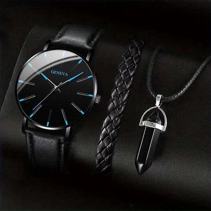 3-Piece Men's Business Casual Quartz Watch Set with Leather Strap, Necklace & Bracelet — 41mm (1.61 in) Case