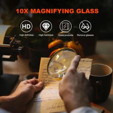 10x Handheld Magnifying Glass with Wooden Handle — 60/70mm (2.36/2.76 in) Lens for Reading, Jewelry and Repair