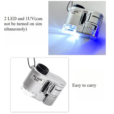 60X Pocket Magnifier with LED & UV Light - Portable Handheld Jeweler Loupe