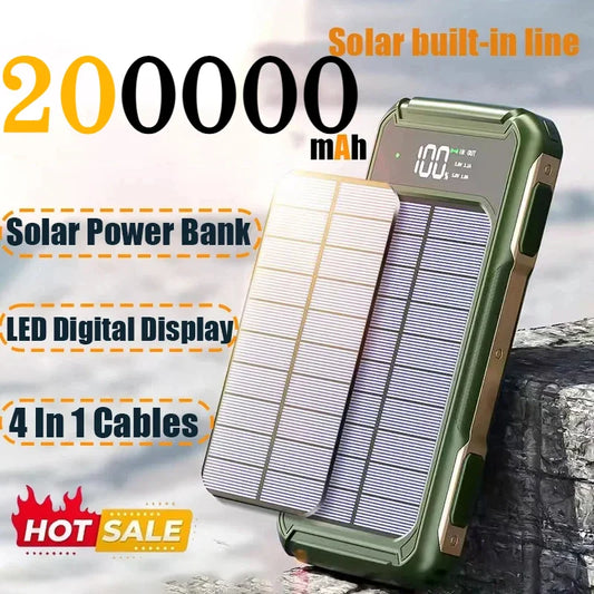 200000mAh Solar Power Bank — 4-in-1 Built-in Cables, Fast Charge, Digital Display & LED Emergency Light