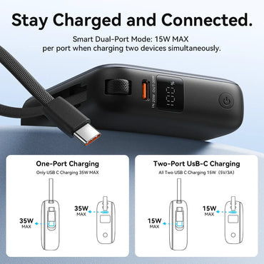 35W 10000mAh Mini Power Bank PD Fast Charge with Built-in USB-C Cable, LED Display, Dual-Port Portable Charger