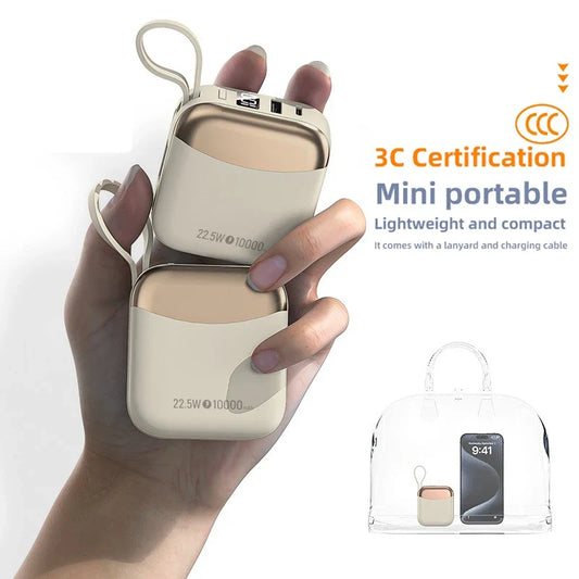 10000mAh 65W Portable Power Bank with Built-in Cables – Fast Charging USB-C External Battery