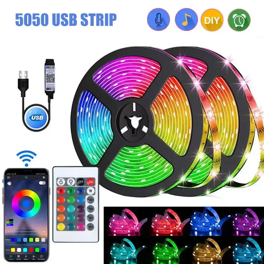 RGB LED Strip Light 5050 SMD USB 5V – Bluetooth, WiFi & IR Remote, 1m–30m (3.3ft–98.4ft) Backlight for TV Bedroom Living Room