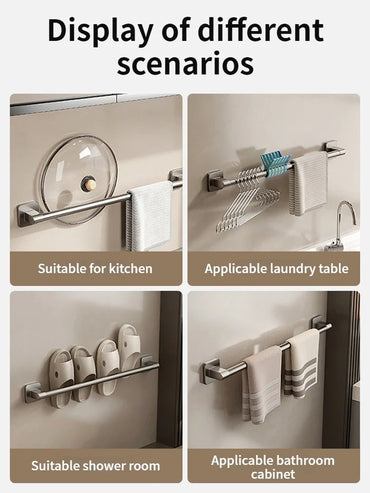 No-Drill Adhesive Towel Bar – Wall-Mount Towel Rack & Hook for Bathroom, Kitchen, Tile, Glass
