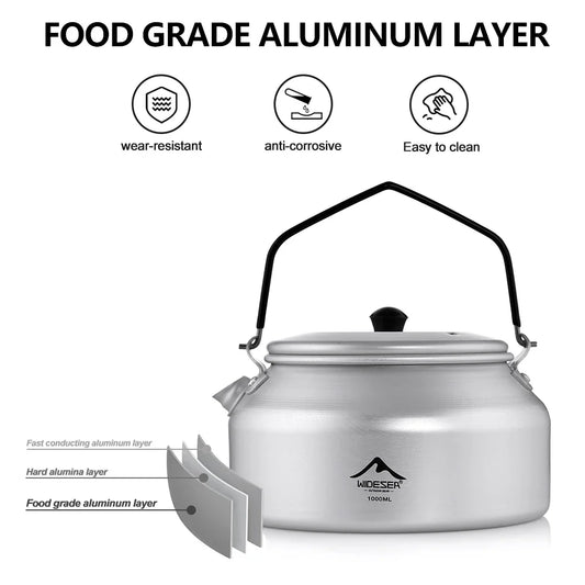 1L Aluminum Camping Kettle Lightweight Portable Travel Kettle with Detachable Handle