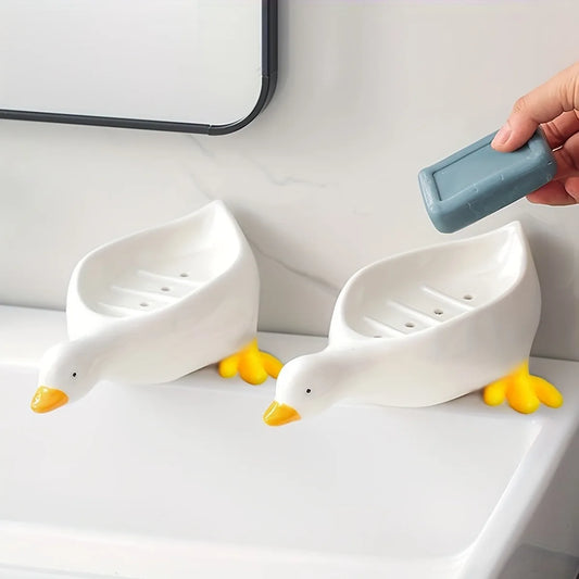 Duck Self-Draining Soap Dish with Tray, Bathroom Sink Countertop Organizer & Novelty Gift