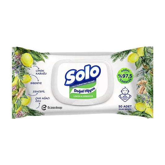 Solo Natural Wet Wipes with Lemon and Rosemary - Hypoallergenic, Chemical-Free, Gentle Cleansing for Hands and Face, Suitable for Babies and Sensitive Skin