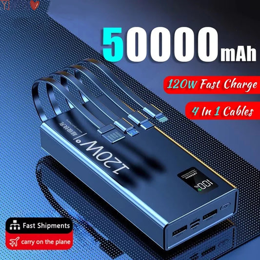 120W 50,000mAh Power Bank with Built-In 4-in-1 Cables — Fast Portable Charger with LED Display