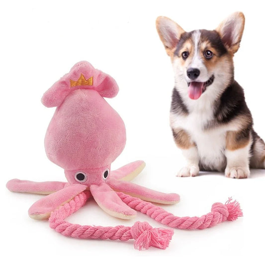 Octopus Plush Dog Chew Toy with Squeaker & Rope — Small Pink 13.4 x 3.5 in (34 x 9 cm) — Dental Cleaning Toy for Dogs & Cats