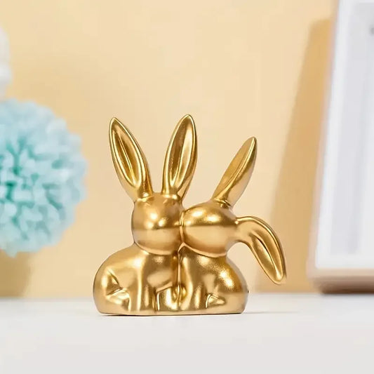 1pc Collectible figurine ,Golden cute double rabbit ornament, creative decorative item for home desktop.
