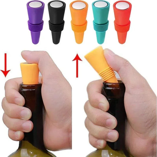Silicone Wine Bottle Stopper with Stainless Steel Top - Leakproof Reusable Champagne & Beverage Sealer