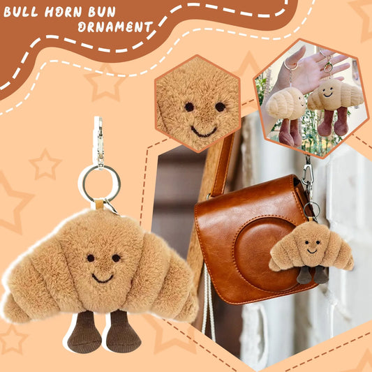 Plush Croissant Bag Charm Keychain (12 x 6 x 11 cm | 4.7 x 2.4 x 4.3 in) - Cute Food Keyring for Bags & Phones