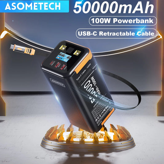 50,000mAh 100W Portable Power Bank with Retractable USB-C Cable – PD PPS Fast Charging for Phones & Laptops