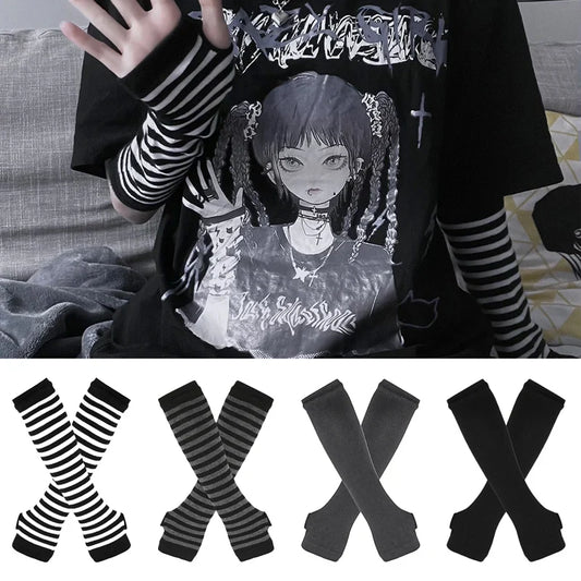 Elbow-Length Fingerless Knit Arm Warmers - Striped Winter Gloves for Men & Women
