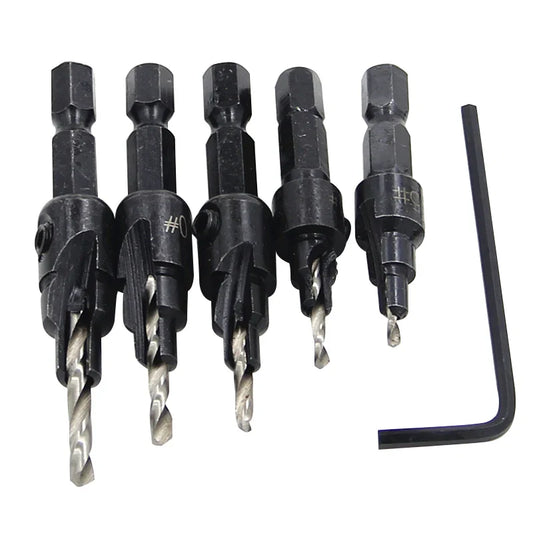 5pc Hex Shank Countersink & Taper Drill Bit Set for Wood (56–69mm) – Screw Hole Opener & Reamer