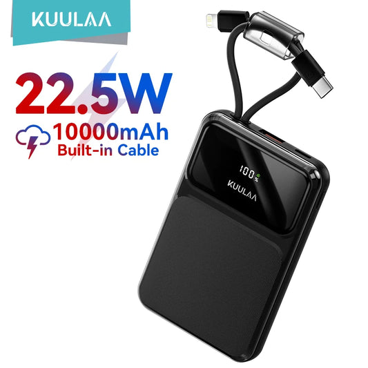 10000mAh 22.5W Fast Charging Portable Power Bank — Built-in USB-C & Lightning Cables, Digital Display, 4-Device Output