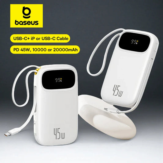 45W Power Bank – 10,000mAh & 20,000mAh Portable Charger with Built-in USB-C + Lightning Cables, USB-A Fast Charge