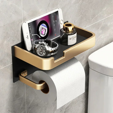 Wall-Mounted Toilet Paper Holder with Shelf - Aluminum Alloy Rustproof Bathroom Roll Holder