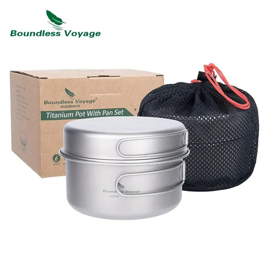 Titanium Camping Cookware Set with Folding Handles - Lightweight Pot & Pan for Hiking