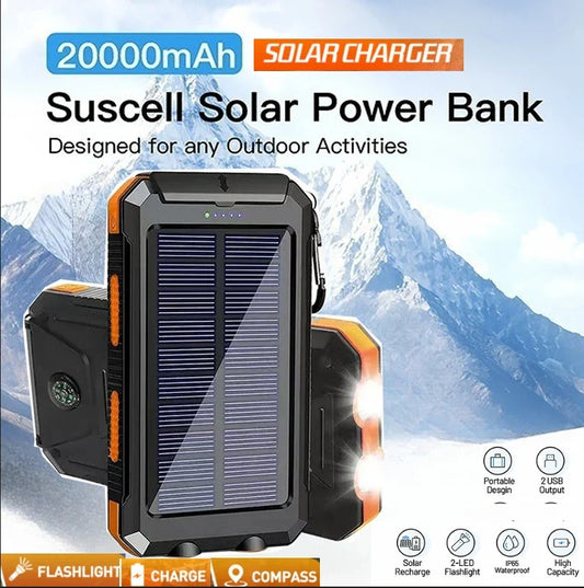 Solar Power Bank Waterproof – Fast Charging Portable Powerbank with Dual USB, SOS LED Light & Compass