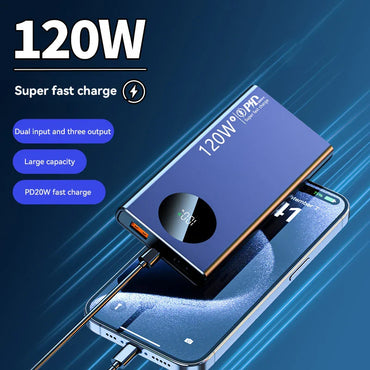 120W Fast Charging Power Bank – 50,000 / 100,000 / 200,000 mAh Portable Charger with Built-In Cable, USB-C & Dual USB, LED Display