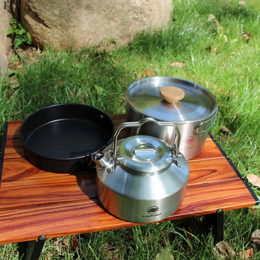 Stainless Steel Camping Cookware Set – Kettle, Pot & Pan for 2–3 People, Portable Outdoor Cooking