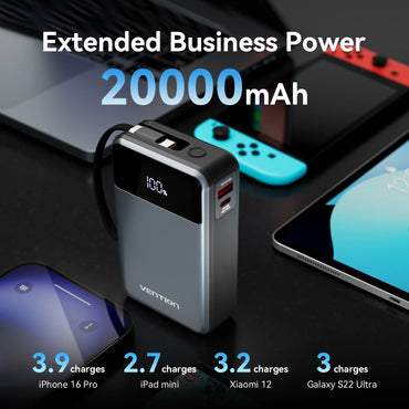 20000mAh 65W PD Power Bank with Built-in USB-C Cable, Portable Fast Charger for Laptops, Phones & Tablets