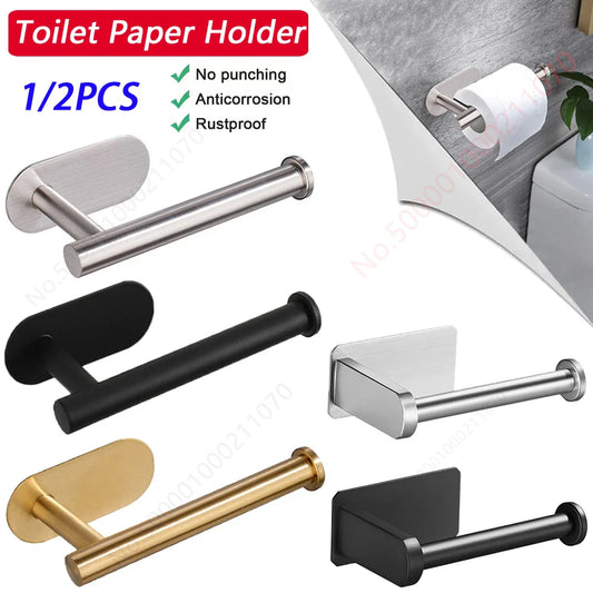 2-Pack No-Drill 304 Stainless Steel Toilet Paper Holder Adhesive Wall-Mount Paper Towel Rack for Bathroom & Kitchen