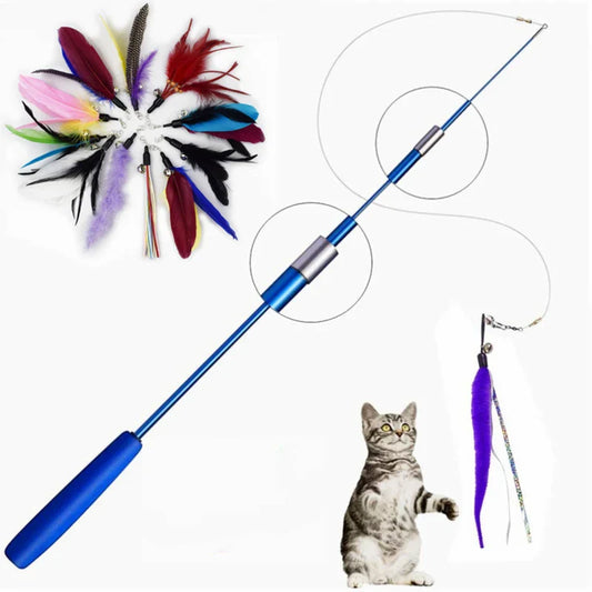 Telescopic Cat Teaser Wand 3-Section 15–38 in (38–97 cm) with 5 Feather Refills – Interactive Kitten Toy