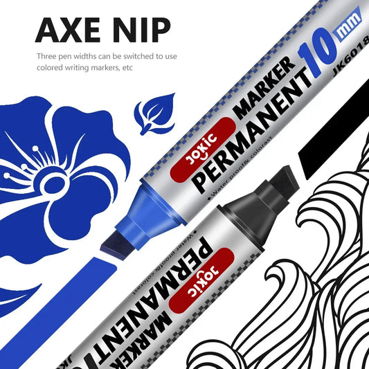 4-Pack Permanent Marker Pens - Waterproof Ink, Fine & 10 mm Chisel Tips, Black Blue Red Green