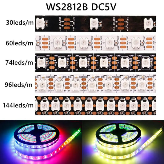 5V Addressable RGB LED Strip Light - 30/60/74/96/144 LEDs per Meter, 5050 SMD, IP30/IP65/IP67