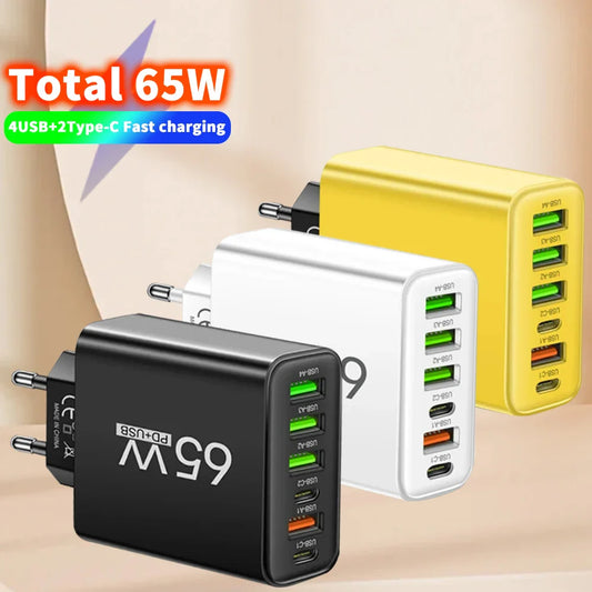 65W 6-Port USB Charger (2x USB-C + 4x USB-A) QC3.0 Fast Charge Travel Wall Adapter for Smartphones