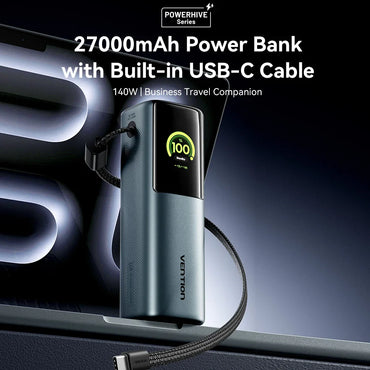 200W 27000mAh Power Bank PD Fast Charger with Built-in USB-C Cable - Portable Laptop External Battery (USB-A/USB-C)