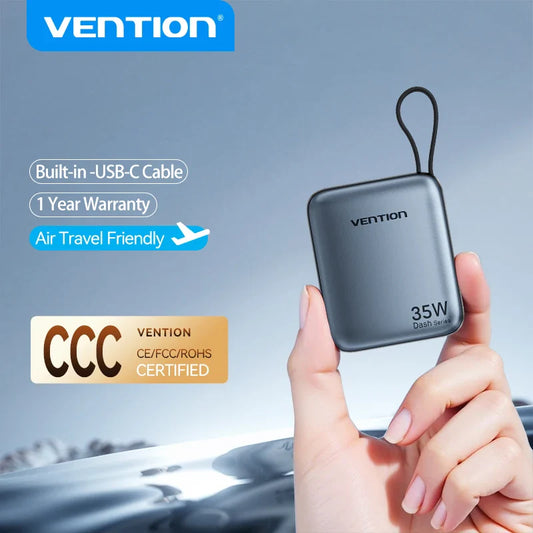 10000mAh 35W USB-C Power Bank with Built-In Cable & LED Display - Portable Fast Charger for iPhone, Android, MacBook Air