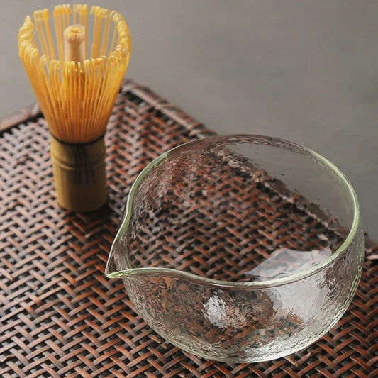 1-3 Textured Glass Matcha Bowl With Pouring Spout - Handmade Japanese Style Green Tea Ceremony Chawan 400ml Tea Set Accessories