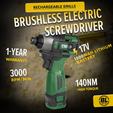 140 Nm Brushless Cordless Electric Screwdriver Drill 17V 1500mAh Rechargeable 1/4 in (6.35 mm) Hex Chuck