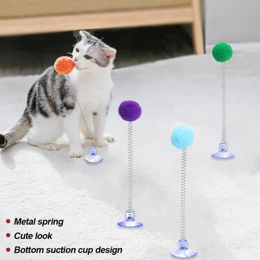 Interactive Cat Teaser Toy with Suction Cup — Fur Ball Spring Wand, Hands-Free Cat Toy (Random Color)