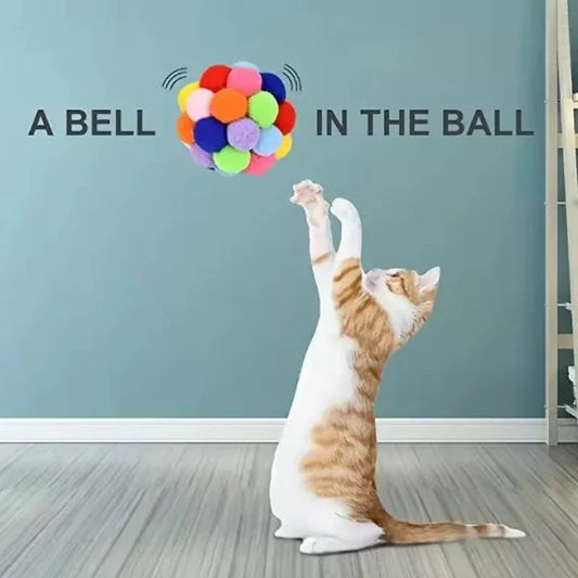 Plush Pompom Bell Ball Cat Toy — Bouncy Interactive Pet Toy (Random Color)