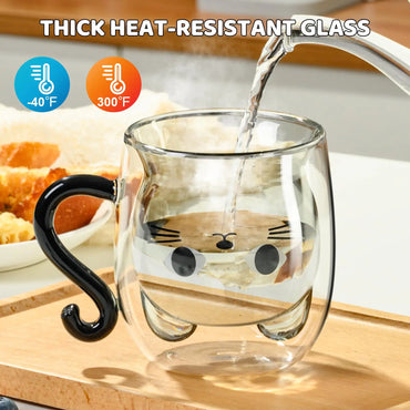 Cute Cat Double-Wall Insulated Glass Coffee Mug with Handle, Cartoon Couple Teacup for Home & Office