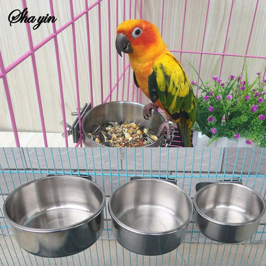 Parrot Feeding Cups Stainless Steel Bird Food & Water Bowl with Clamp Holder for Parakeets, Parrots & Small Animals