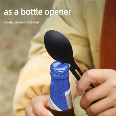 Lightweight Pocket Multifunctional Camping Utensil Stainless Steel Fork & Spoon with Bottle Opener and Wrench
