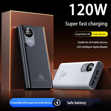 50000mAh 120W Portable Power Bank with Digital Display, Built-in Cables & Wireless Charging — Fast USB-C & Lightning